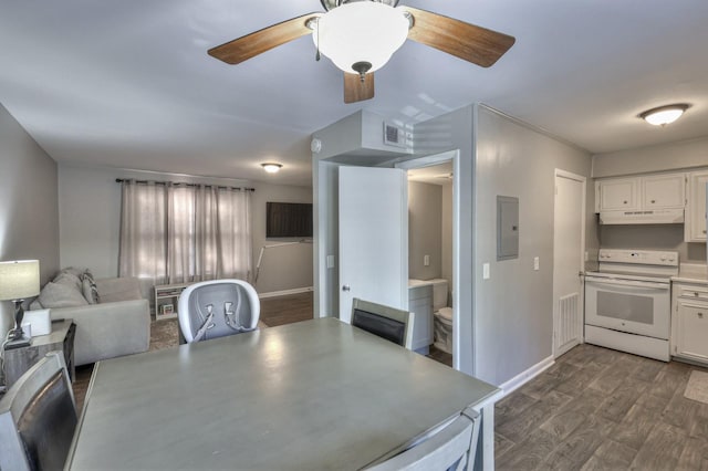 dining room featuring electric panel, ceiling fan, and dark wood-type flooring