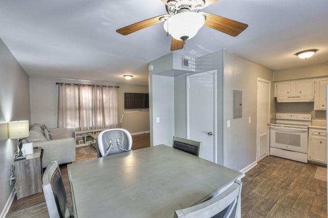 dining space with electric panel and dark hardwood / wood-style flooring