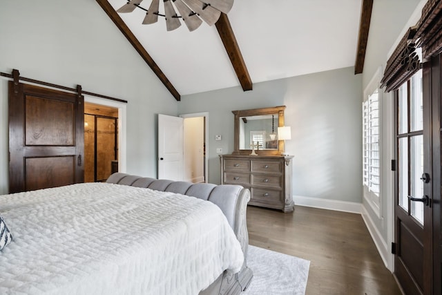 bedroom featuring ceiling fan, a barn door, high vaulted ceiling, dark hardwood / wood-style floors, and a closet