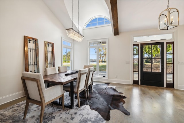 dining area featuring dark hardwood / wood-style flooring, plenty of natural light, and a notable chandelier