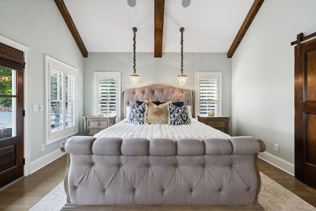 bedroom featuring lofted ceiling with beams, a barn door, and dark hardwood / wood-style flooring