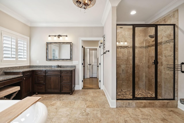 bathroom with ornamental molding and a shower with shower door