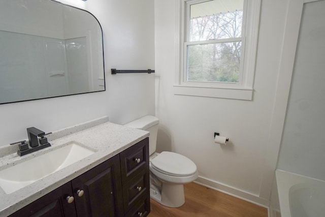 bathroom with hardwood / wood-style flooring, vanity, and toilet