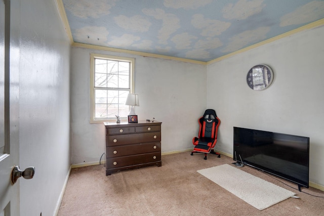 interior space featuring light carpet and crown molding