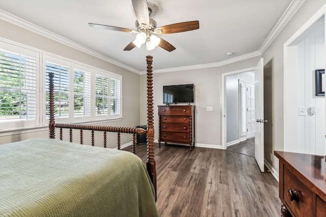 bedroom with ceiling fan, dark hardwood / wood-style floors, ornamental molding, and multiple windows