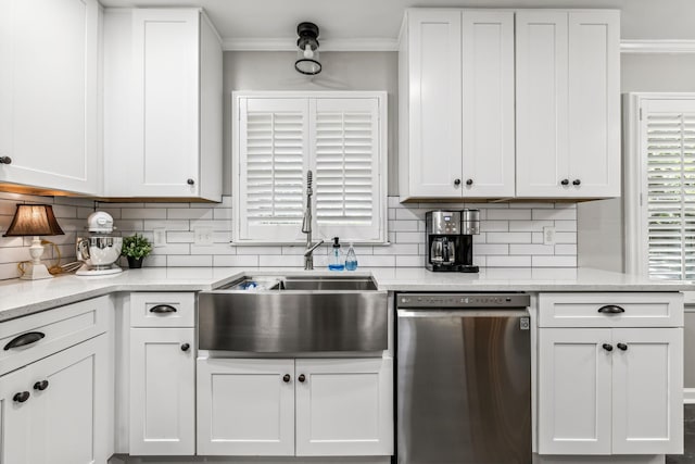 kitchen with white cabinets and stainless steel dishwasher