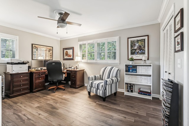 office area featuring ceiling fan, dark hardwood / wood-style flooring, and crown molding