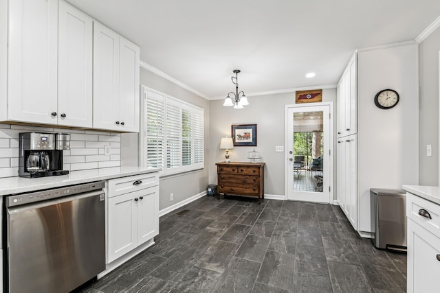 kitchen with white cabinetry, dishwasher, hanging light fixtures, a notable chandelier, and backsplash