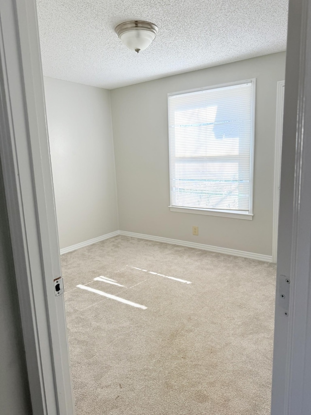 spare room featuring a textured ceiling and light colored carpet