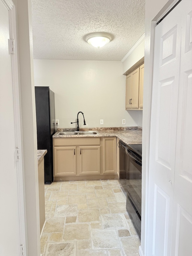 kitchen featuring black appliances, sink, light brown cabinetry, and a textured ceiling