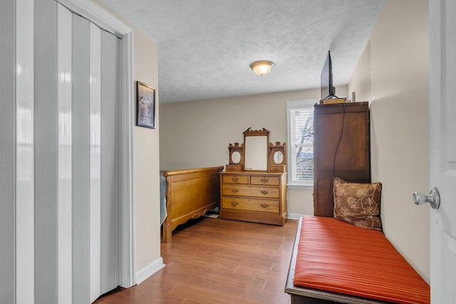 living area featuring a textured ceiling and light hardwood / wood-style flooring