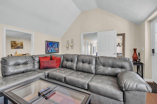 living room featuring wood-type flooring and vaulted ceiling