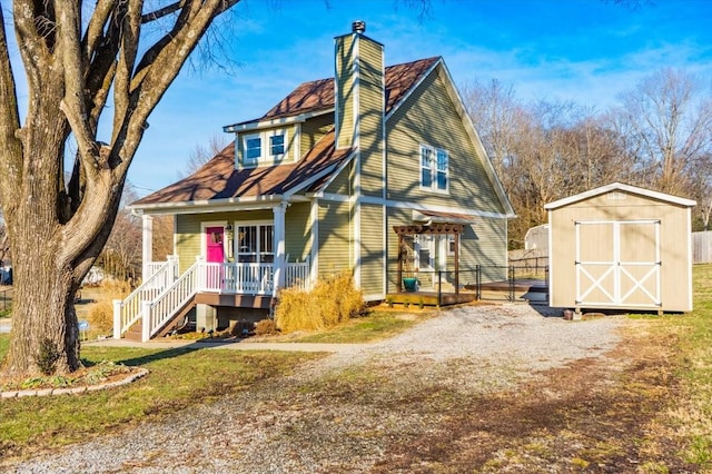 view of front of house with covered porch and a storage shed