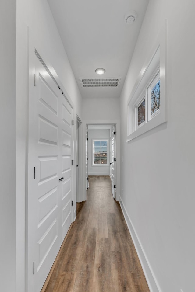 corridor with dark hardwood / wood-style flooring