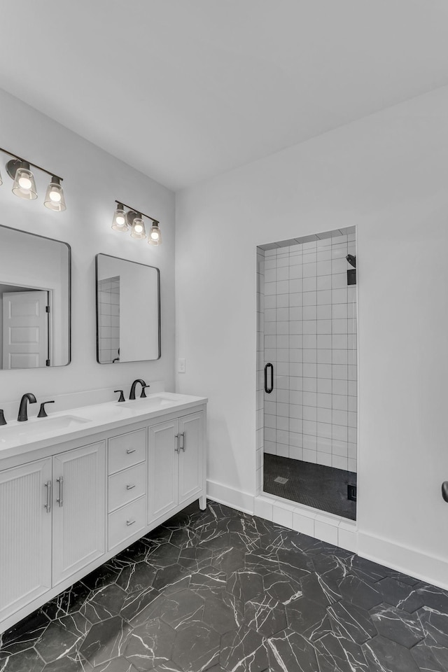 bathroom featuring vanity and walk in shower