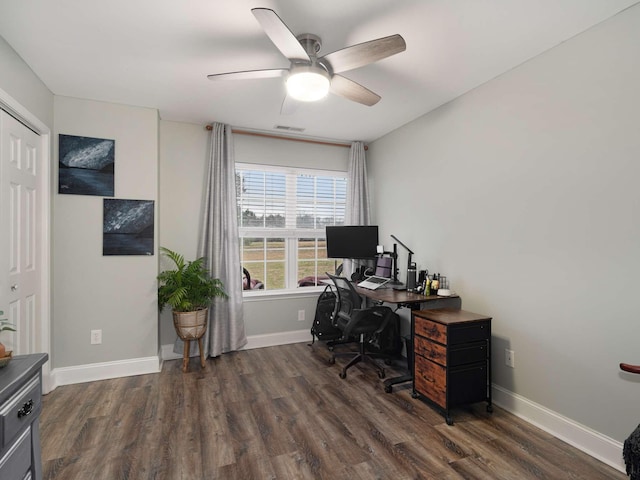 office space featuring ceiling fan and dark wood-type flooring