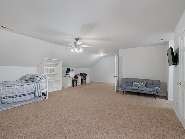 bedroom featuring carpet flooring, ceiling fan, and lofted ceiling