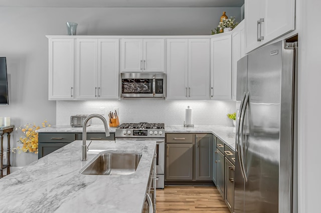 kitchen with gray cabinetry, sink, stainless steel appliances, light stone counters, and white cabinets