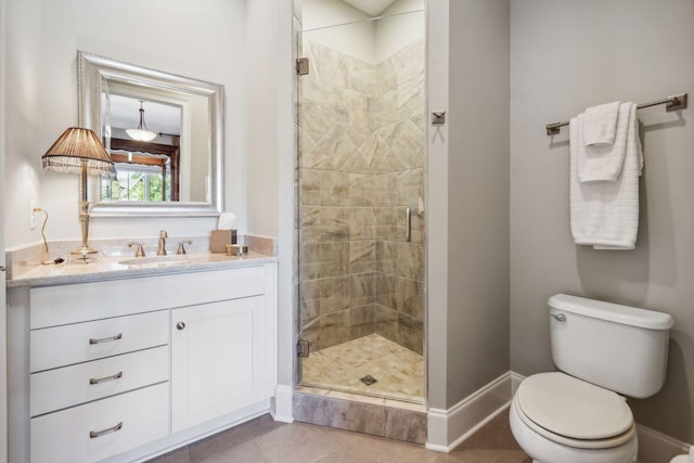 bathroom featuring tile patterned flooring, vanity, toilet, and a shower with door