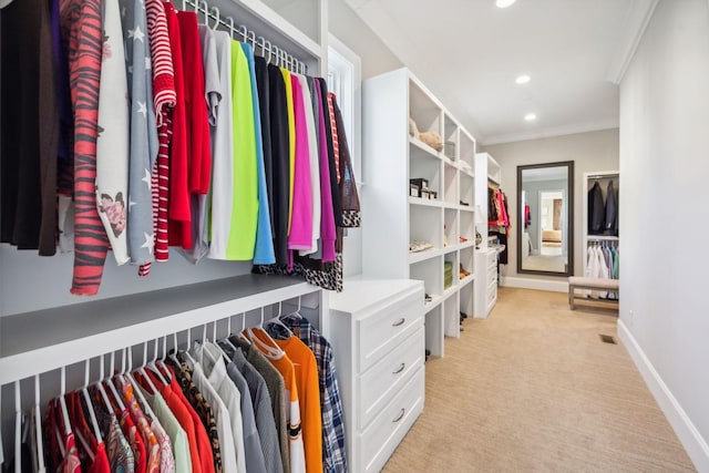 spacious closet featuring light carpet