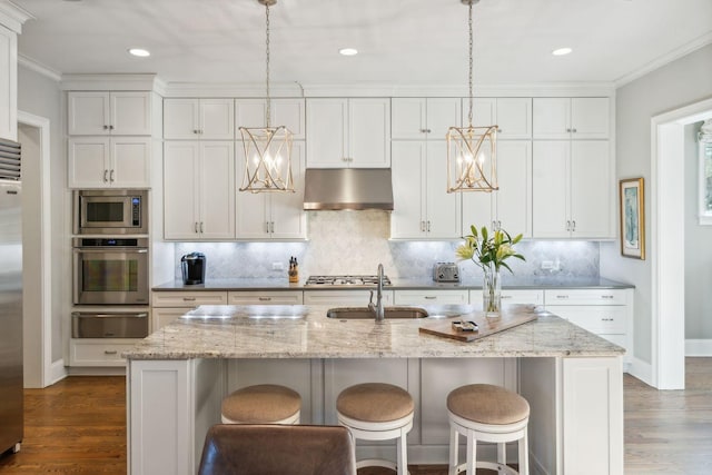 kitchen featuring built in appliances, a kitchen island with sink, and ventilation hood