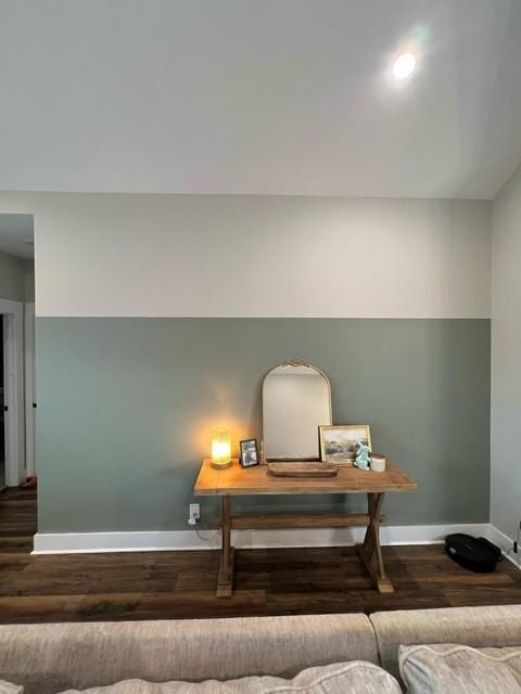 home office with dark wood-type flooring