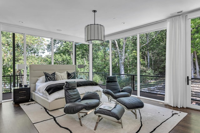 bedroom featuring dark hardwood / wood-style flooring, access to outside, and multiple windows