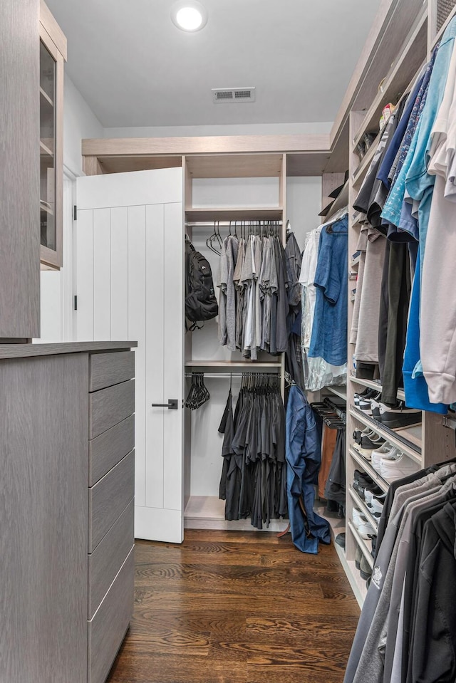 spacious closet featuring dark hardwood / wood-style flooring