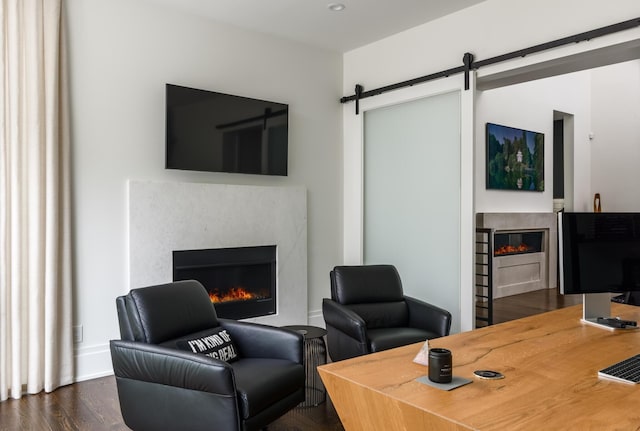 home office with dark hardwood / wood-style flooring