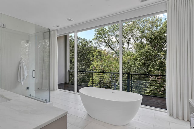 bathroom featuring tile patterned floors and plus walk in shower