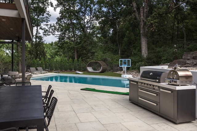 view of pool with a patio and exterior kitchen