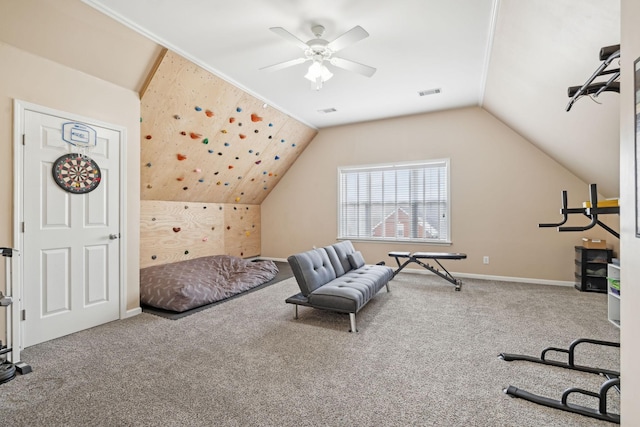 interior space with lofted ceiling, carpet floors, visible vents, and baseboards