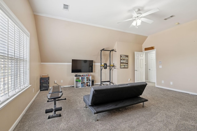 workout area with carpet, visible vents, and vaulted ceiling