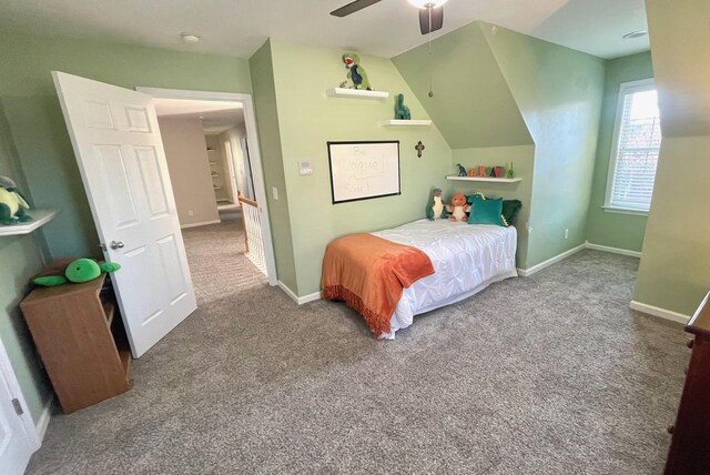 bedroom with carpet floors, ceiling fan, and baseboards