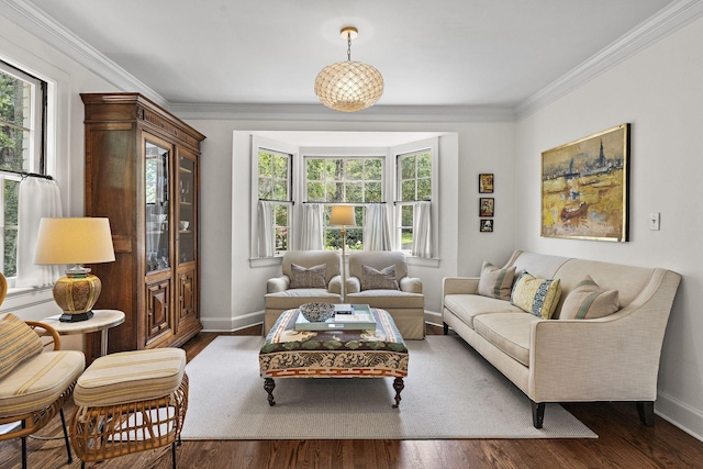 living room with ornamental molding, dark hardwood / wood-style flooring, and a healthy amount of sunlight