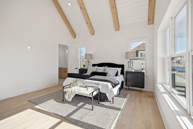 bedroom with beamed ceiling, radiator heating unit, high vaulted ceiling, and light hardwood / wood-style flooring