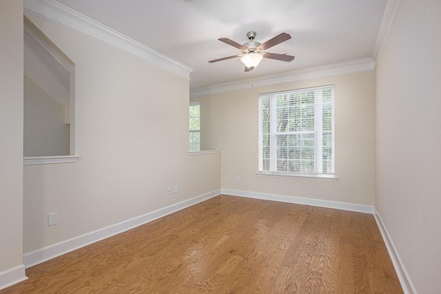 unfurnished room with light wood-type flooring, ceiling fan, and ornamental molding