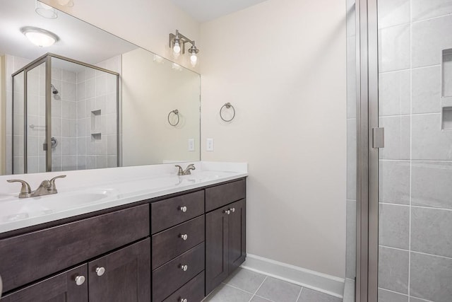 bathroom with vanity, tile patterned floors, and a shower with door