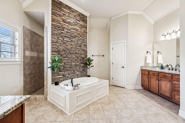 bathroom with tile patterned floors, vanity, crown molding, and vaulted ceiling