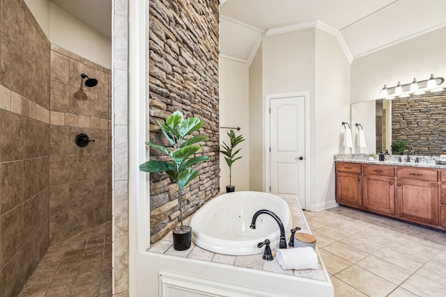 bathroom featuring ornamental molding, vanity, tile patterned flooring, shower with separate bathtub, and lofted ceiling