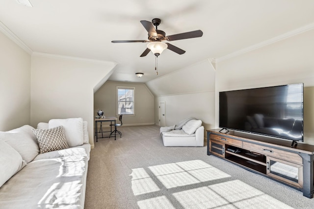 carpeted living room with ceiling fan, crown molding, and lofted ceiling