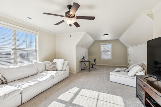 living room with light carpet, lofted ceiling, ceiling fan, and crown molding