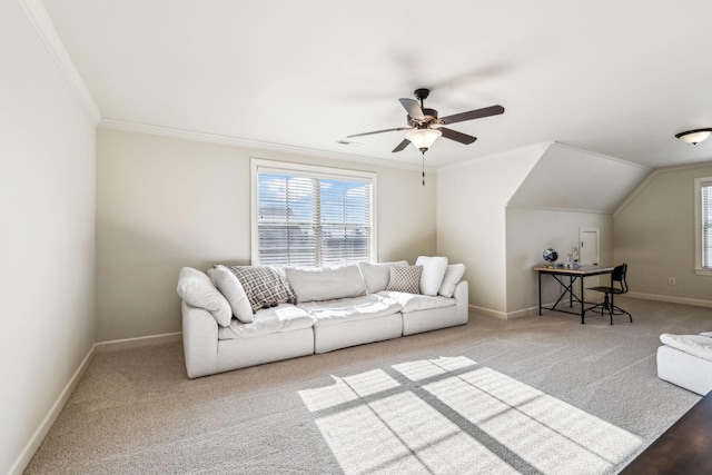 living room with ceiling fan, crown molding, carpet, and lofted ceiling