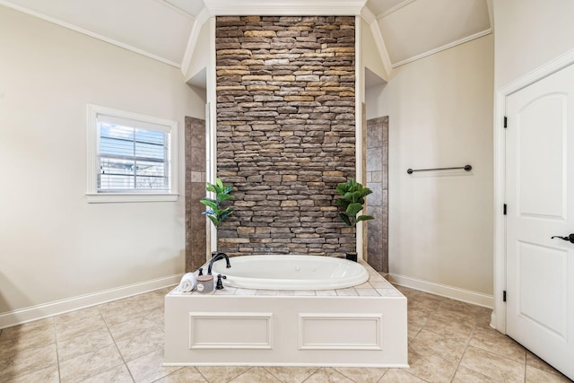 bathroom featuring tile patterned floors, crown molding, lofted ceiling, and a tub