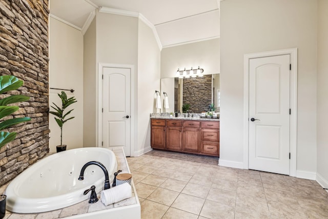 bathroom featuring vanity, lofted ceiling, a bath, tile patterned floors, and crown molding