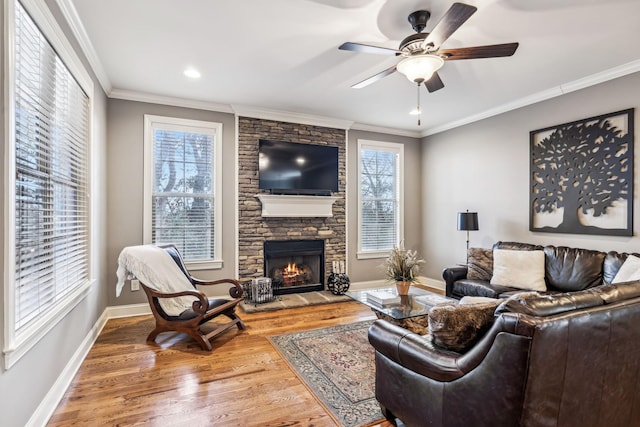 living room featuring a stone fireplace, ceiling fan, wood-type flooring, and ornamental molding