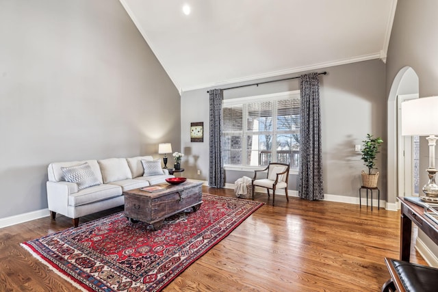 living room with crown molding, high vaulted ceiling, and hardwood / wood-style flooring