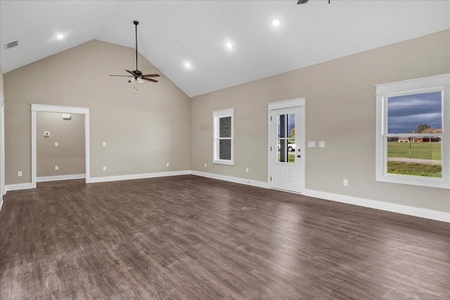 unfurnished living room featuring ceiling fan, high vaulted ceiling, and dark hardwood / wood-style floors