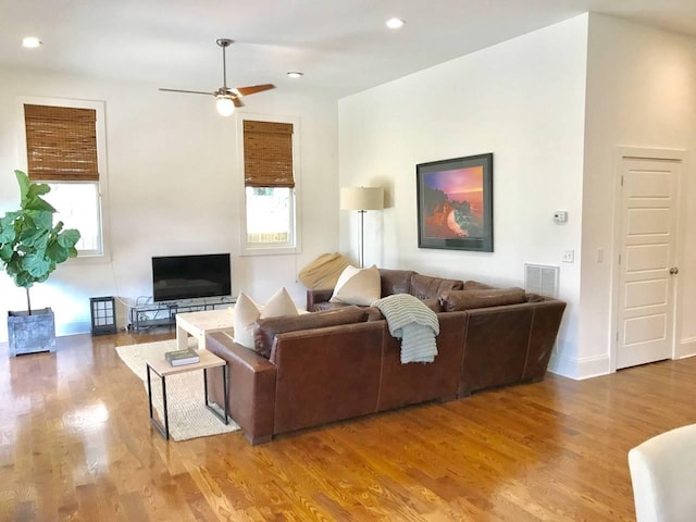 living room featuring ceiling fan and hardwood / wood-style floors