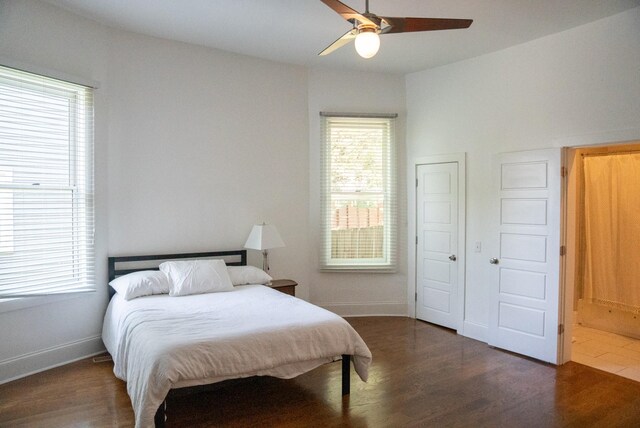 bedroom with multiple windows, dark hardwood / wood-style floors, and ceiling fan